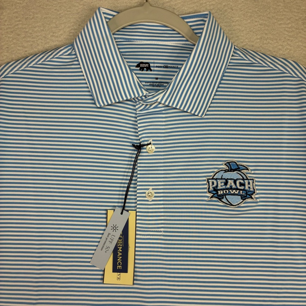 Onward Reserve Peach Bowl Performance Polo Shirt Men M Blue Striped Football NWT